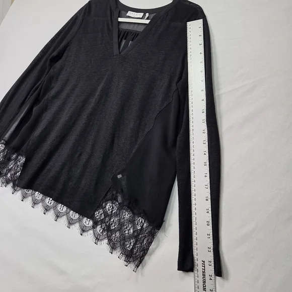 Sandro Paris Black Sheer Lace Hem Blouse Size 1 US S Linen Blend Long Sleeve - Picture 13 of 15